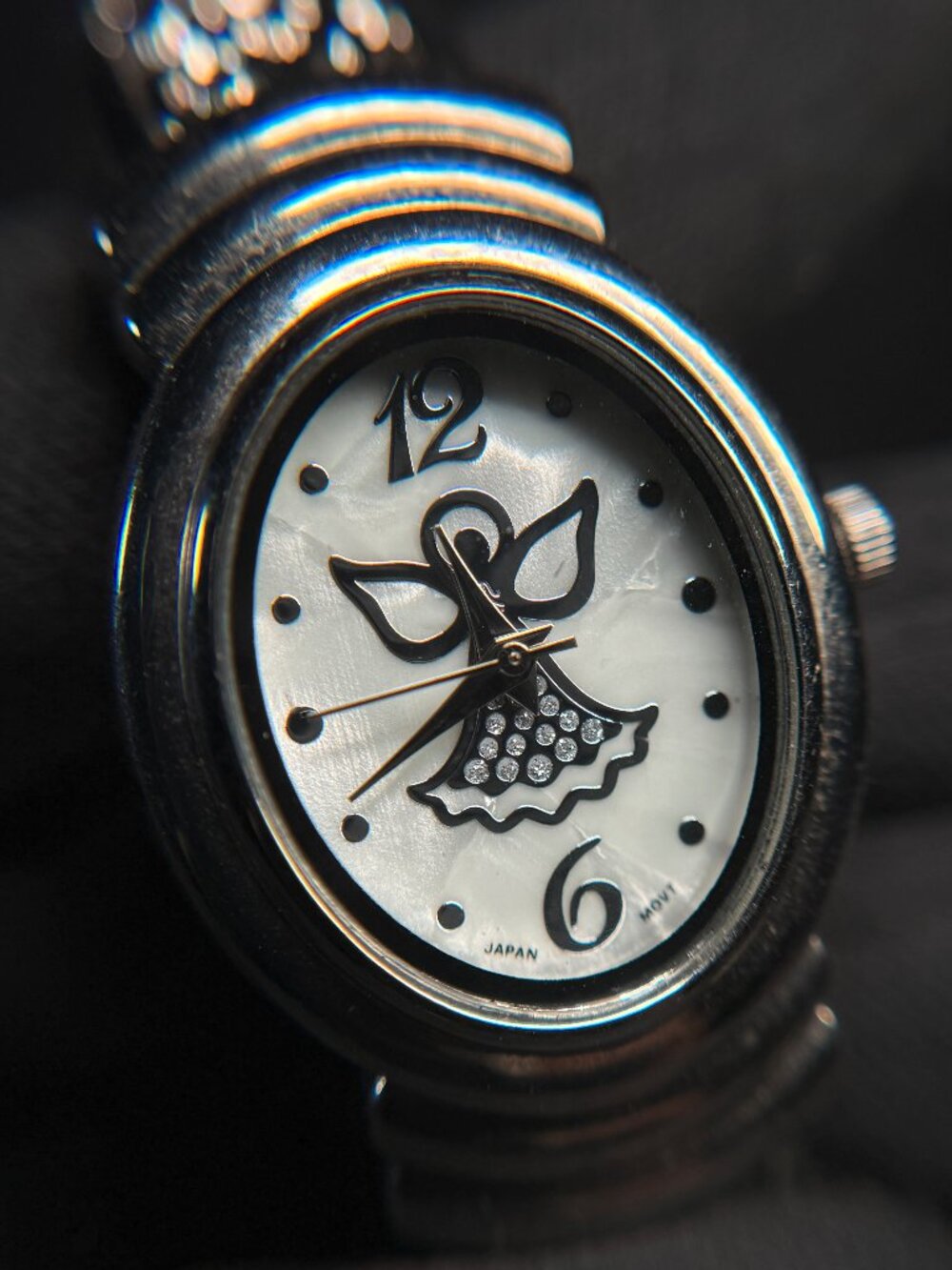 Guardian Angel Cuff Bracelet Watch Japan Movement Rhinestone Angel Silver Tone